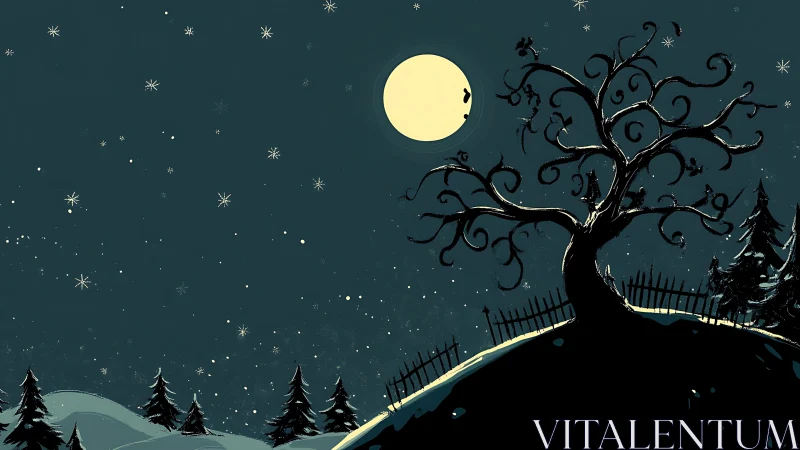 Curved tree silhouette stands on hill beneath full winter moon