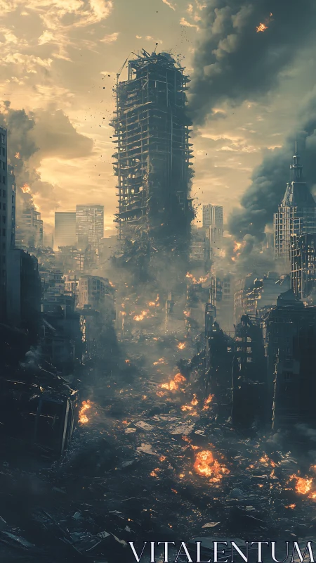 Skyline in ruins under a bruised and burning evening sky.