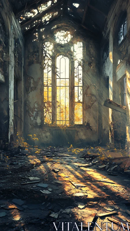 Sunlit ruins reclaim a forgotten chapel of broken glass.