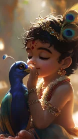 Gentle child deity and curious peacock in golden quiet.