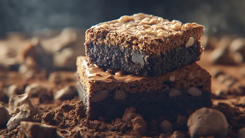 Stacked chocolate brownies with peanut topping on cocoa surface