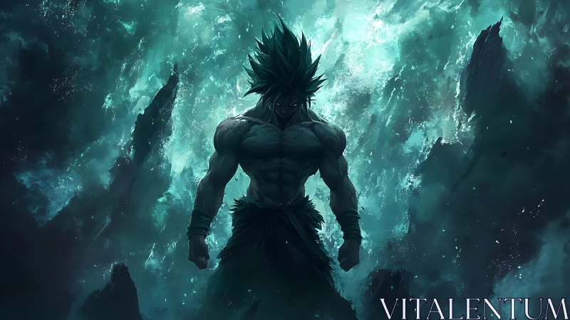 Stormforged warrior rises in teal cosmic chaos and shadowed fury.