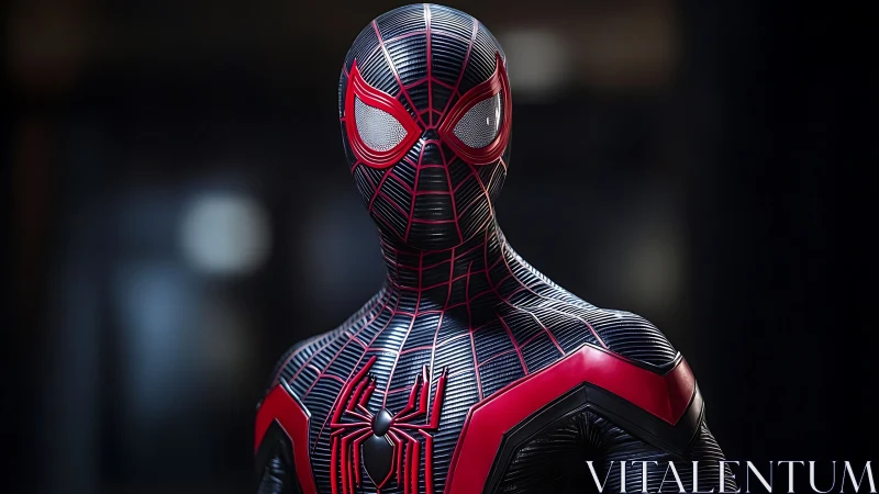 Spider-themed masked character stands in detailed black suit