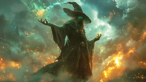 Hooded mage with glowing eyes conjures energy in storm clouds
