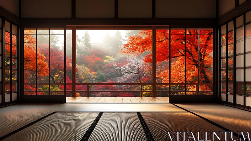 Tatami stillness opening onto a blazing autumn maple dream.
