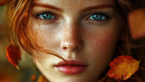 Autumn-eyed portrait of freckled redhead in vivid close-up.