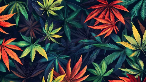 Colorful cannabis leaves overlap in a bold seamless pattern.