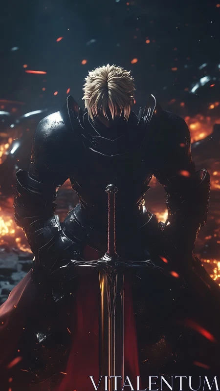 Armored knight with sword amid embers in dark setting.