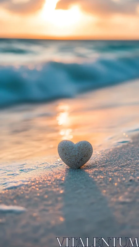 Heart-shaped stone positioned on beach at sunset.
