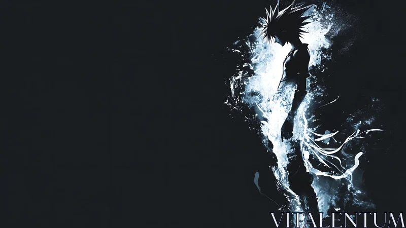 Silhouetted anime figure dissolving into white energy forms.