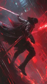 Neon storm carves a lone swordsman into the crimson rain