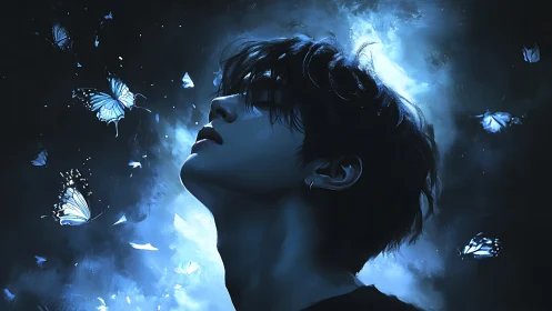 Side profile of person in blue light with butterflies.