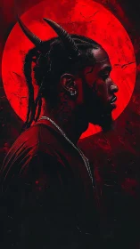 Horned silhouette stalks the blood moon in electric crimson