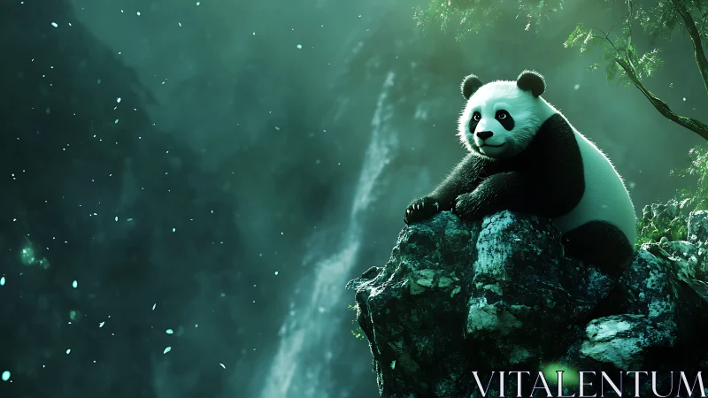 Playful panda relaxing on mossy cliff in misty forest.