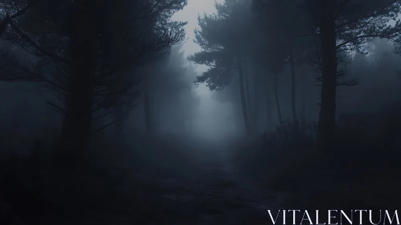 Low-key nocturnal forest corridor rendered in dense blue fog