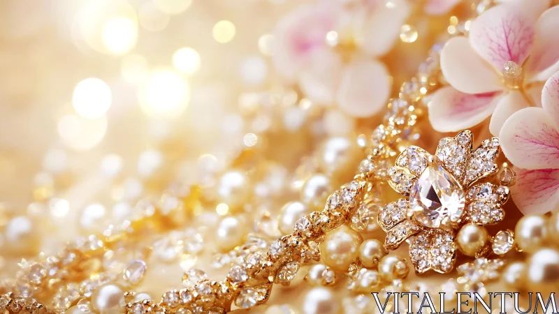 Macro view isolates jeweled floral brooch amid pearls and bokeh