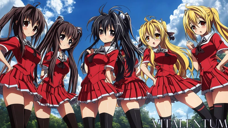 Anime schoolgirls in red uniforms under bright summer sky.