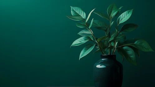Emerald leaves rise from glossy vase in quiet velvety light.