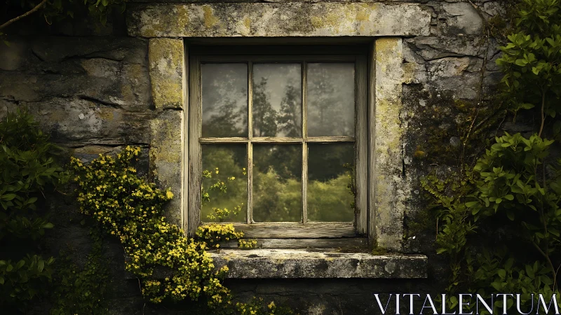 Weathered cottage window opening gently to quiet greenery.