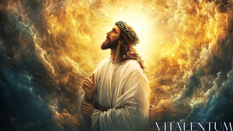 Robe-clad figure with crown of thorns amid radiant clouds.