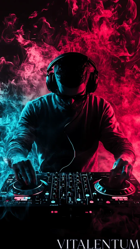 Neon split-tone DJ portrait with cinematic club lighting design.