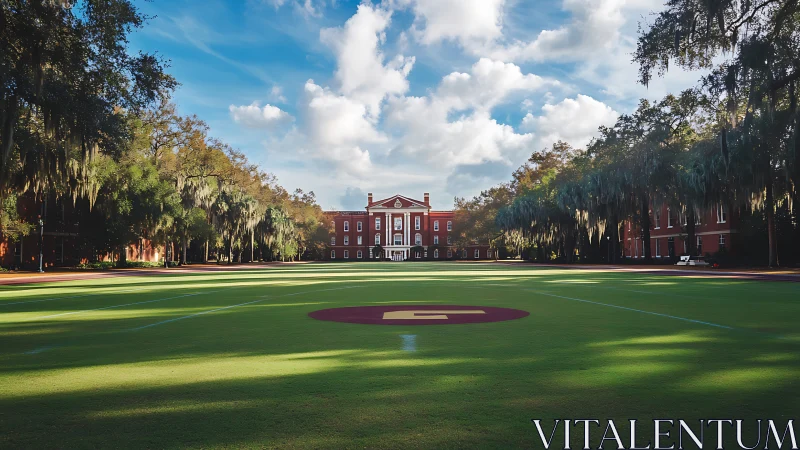 Red brick campus hall facing central athletic field.