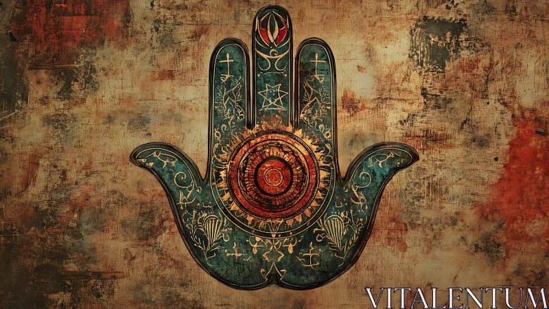 Ornate hamsa hand symbol on textured distressed wall