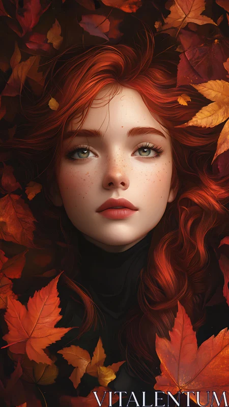Autumn kissed redhead rests softly in a bed of warm leaves