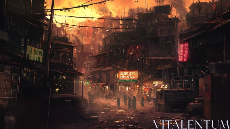 Dystopian neon alley compresses depth under incendiary skyline