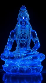 Luminous blue glass deity statue sits in cross-legged pose