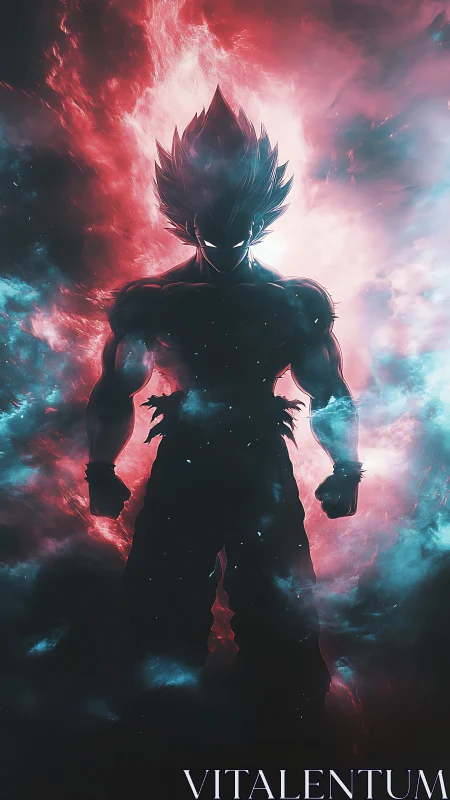 Silhouetted energy warrior amid red cyan cosmic nebula field