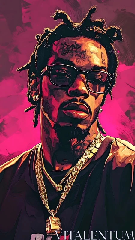 Stylized digital portrait of man with chains and tattoos.