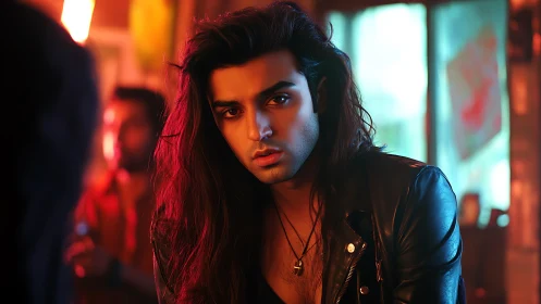 Cinematic portrait in neon bar lighting, shallow depth focus.