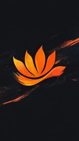 Orange abstract lotus emblem on dark textured background.