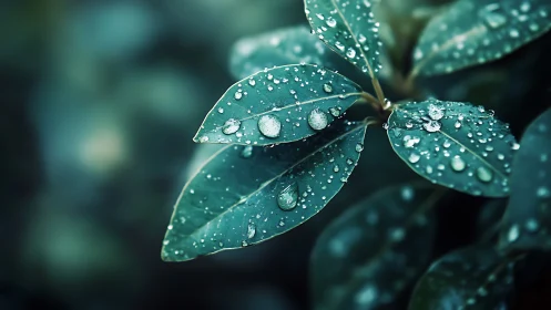 Emerald leaves hold crystalline raindrops in soft focus.