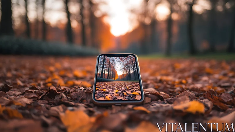 Photorealistic autumn phone screen with deep field framing.