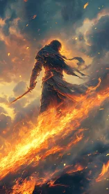 Backlit fire warrior silhouette cuts through storm-lit inferno sky