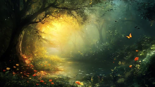 Enchanted Forest Sanctuary: Golden Sunlight Through Ancient Trees.