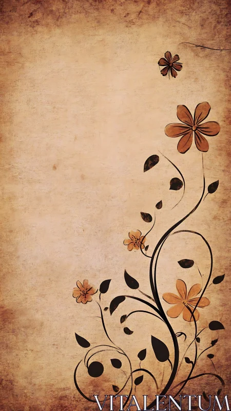 Curvilinear floral vector scroll on distressed parchment field.