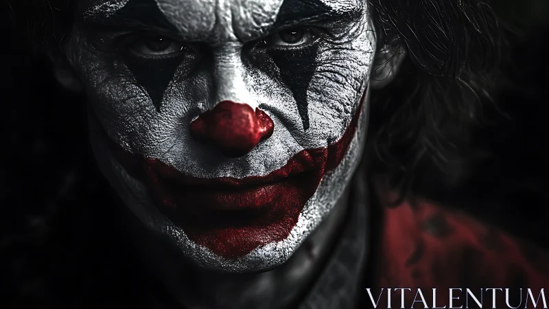 Moody close-up portrait of sinister painted clown face.