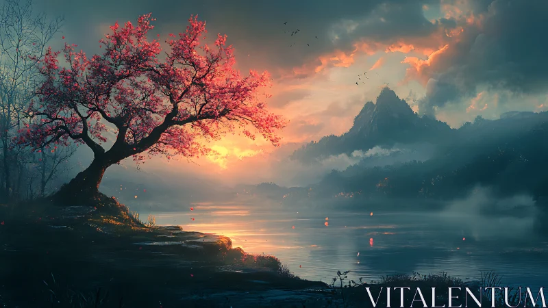 Cherry tree glows over misty lake at cinematic sunrise.