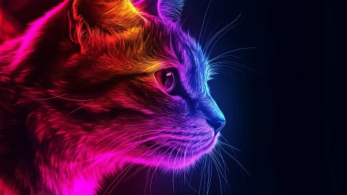 Neon gradient side profile illustration of domestic cat head.