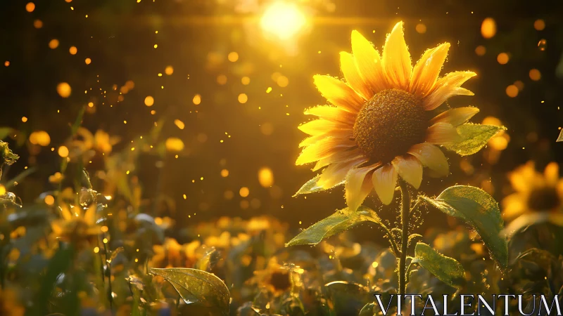 Sunflower in backlit field with particles and warm light.