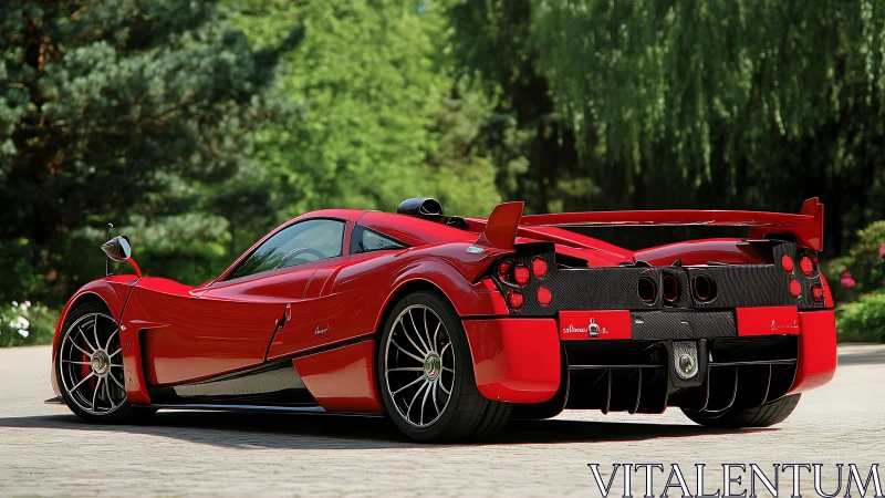 Red exotic supercar stands parked against lush greenery.