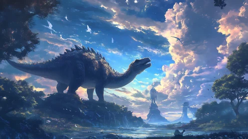 Luminescent sauropod under volumetric crepuscular skyscape.