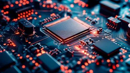 Cyberpunk motherboard close-up with luminous processor core.