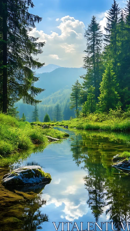 Mountain forest stream with trees reflected in clear water.