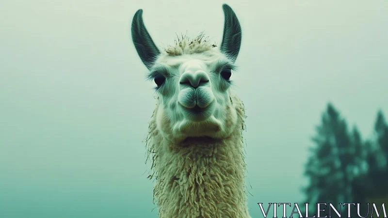 Photorealistic llama portrait in misty forest atmosphere.