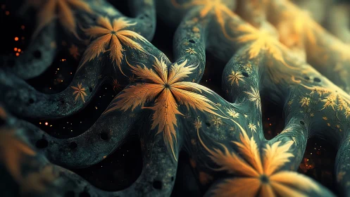 Fractal floral topology with luminous gold leaf patterns rendered