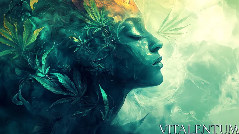 Surreal female profile merges with swirling cannabis leaves